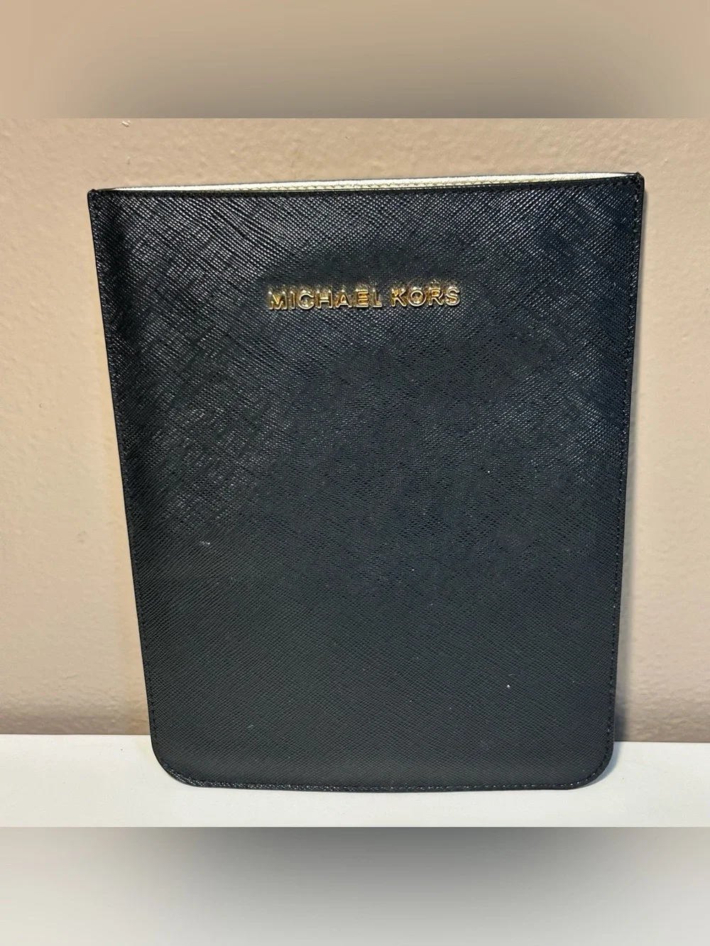 Michael Kors Black Gold Leather Mini iPad E-reader Sleeve Pouch Case 8”x6”